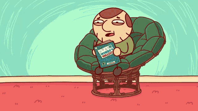 a cartoon of a man sitting in a chair reading a book called where 's waldo