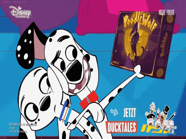 a dalmatian holding a book that says poodlewolf on it