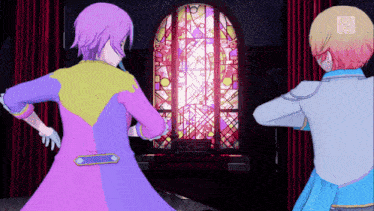 two anime characters are dancing in front of a stained glass window that says ' tokyo ghoul ' on it