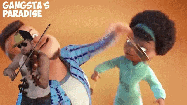 a poster for gangsta 's paradise shows a man playing a violin and a woman playing a violin