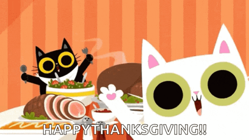 a black cat and a white cat are sitting at a table with food and the words happy thanksgiving on the bottom