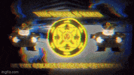 a glitch effect of three cartoon characters standing in front of a golden circle with the words the golden circle of justice