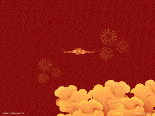a red and gold chinese new year greeting card with bamboo and fireworks
