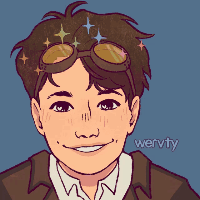 a drawing of a boy with goggles on his head and the name wervty underneath him