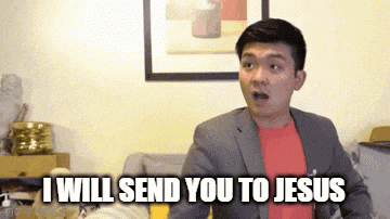 a man in a suit and red shirt says i will send you to jesus