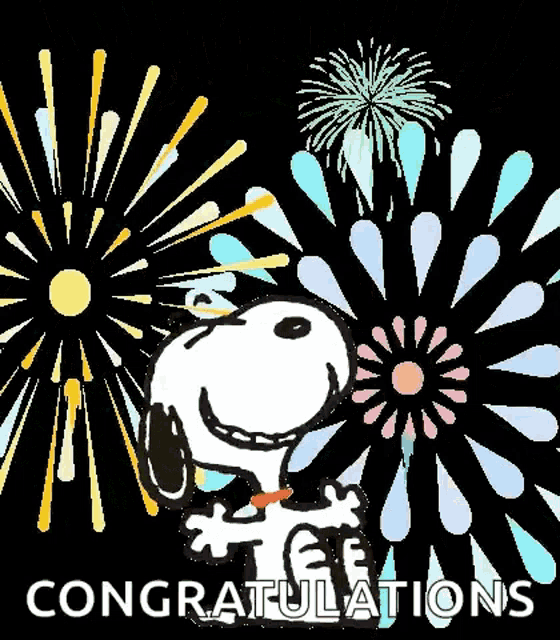 congratulations snoopy with fireworks in the background