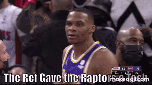 a basketball player with the words the ref gave the raptors on the bottom right