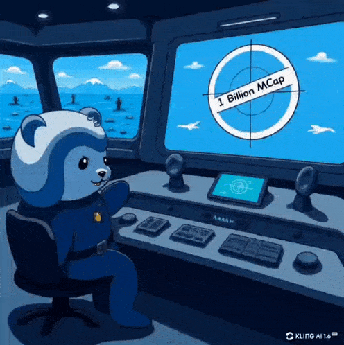 a cartoon of a teddy bear sitting in a control room with a 1 billion mcap target