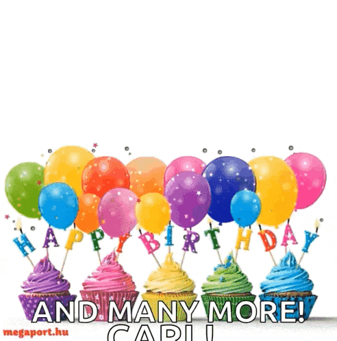 a birthday card with cupcakes and balloons and the words happy birthday and many more
