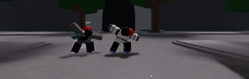 two roblox characters standing next to each other in a dark area