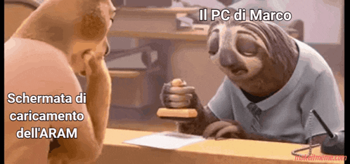 a cartoon sloth is stamping a piece of paper with the words il pc di marco