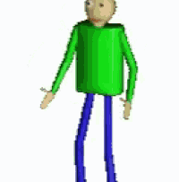 a pixel art of a man in a green sweater and blue pants standing on a white background .