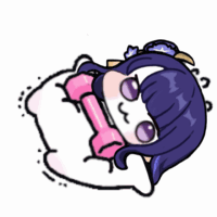 a cartoon girl with purple hair is laying on a pillow holding a pink dumbbell .
