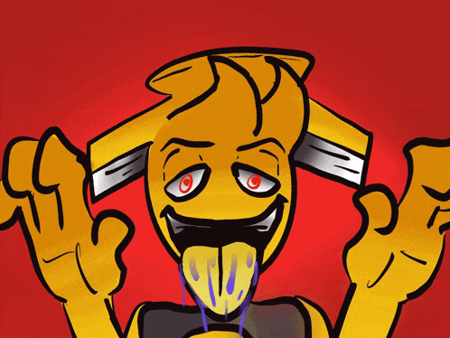 a yellow cartoon character with red eyes and a tongue out