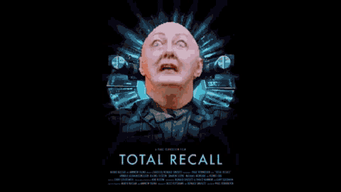 a movie poster for total recall shows a man with glasses laughing