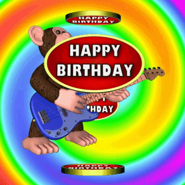 a birthday card with a monkey playing a guitar and the words happy birthday