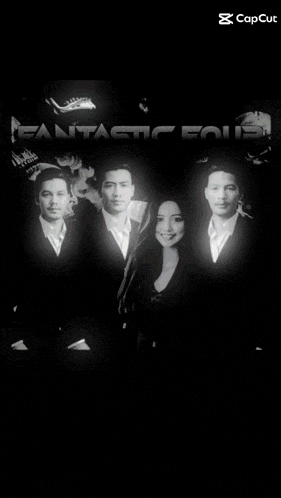 a poster for fantastic four shows a man in a suit and a woman in a white dress