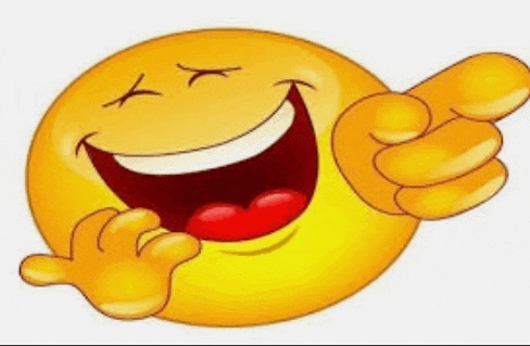 a cartoon smiley face is laughing and pointing to the side .