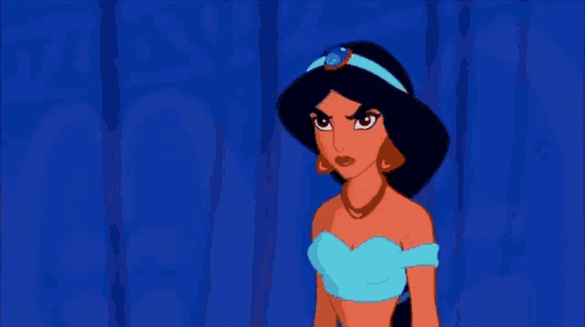 jasmine from disney 's aladdin is wearing a blue top and earrings