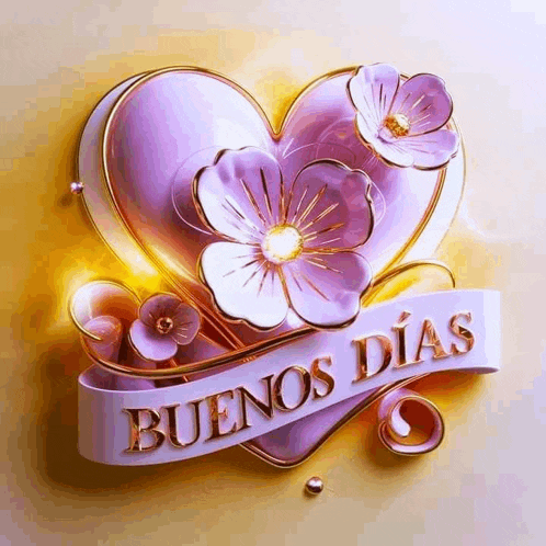 a purple heart with flowers and the words buenos dias on a yellow background