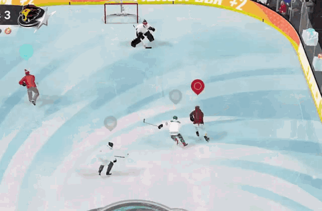 a hockey game is underway with a one-timer goal
