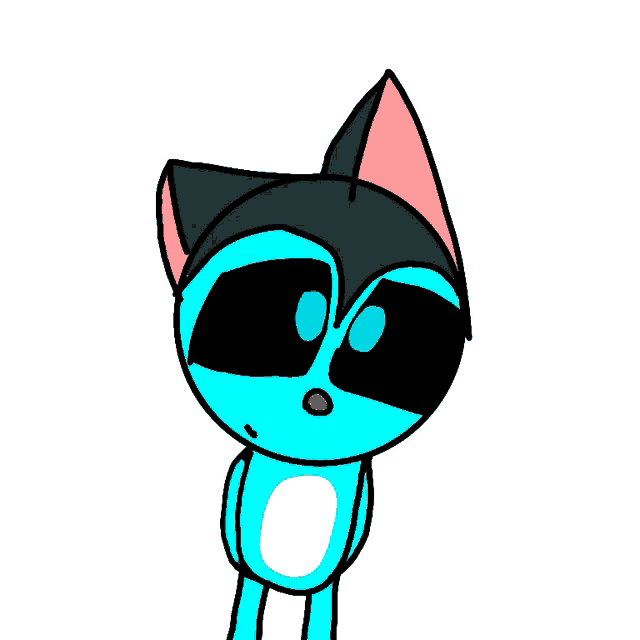 a drawing of a blue cat with black eyes and a pink ear
