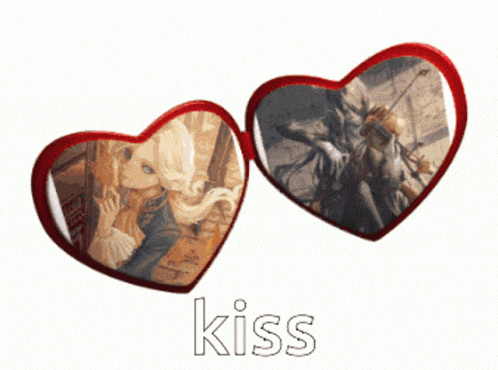two red hearts with a picture of a man and a woman and the word kiss underneath them