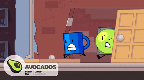 a cartoon of a blue mug and a green object with the words avocados on the bottom