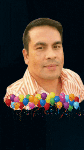 a man is surrounded by balloons and confetti with the words " g you all " written above him