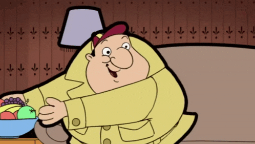 a cartoon character is holding a bowl of fruit and wearing a hat
