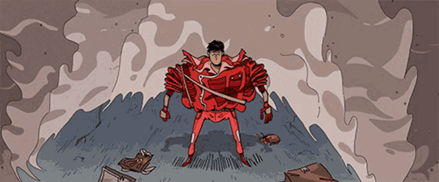 a cartoon drawing of a man in a red jacket