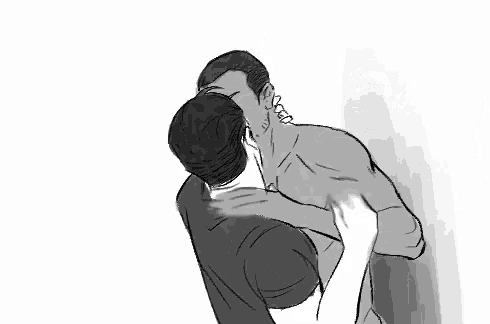 a black and white drawing of two shirtless men hugging