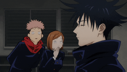 a group of anime characters are standing in front of a blackboard and one of them is making a funny face