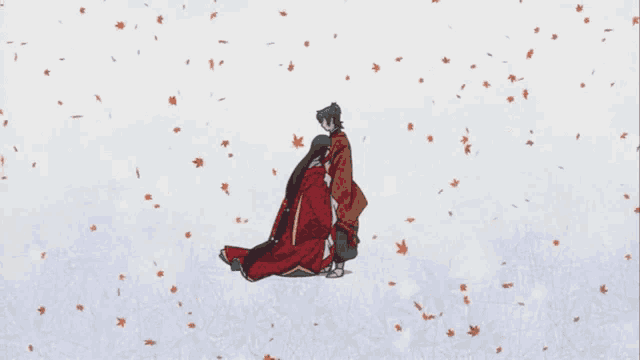 a drawing of a man and woman standing in the snow with leaves falling around them