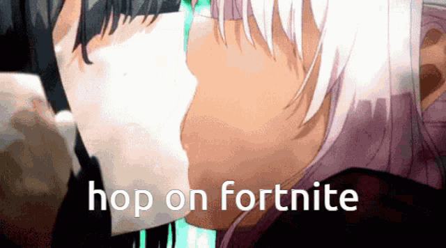 a couple of anime characters are kissing and the words hop on fortnite are visible