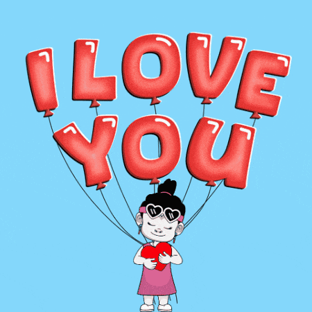 a girl is holding a heart in front of a bunch of balloons that say i love you