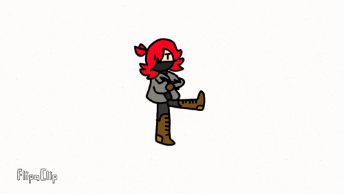 a cartoon character with red hair and brown boots is standing on one leg
