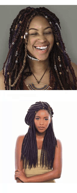 a woman with dreadlocks is smiling and wearing a gold top