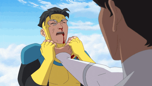 a cartoon of a superhero with blood coming out of his mouth