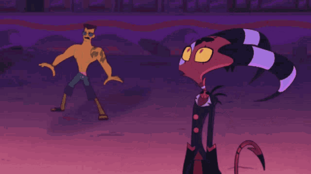 a cartoon character with horns is standing in front of a man with blood coming out of his eyes