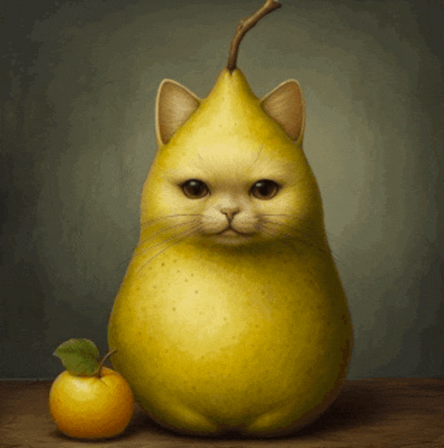 a cat shaped like a pear sits next to a small yellow apple