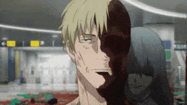 a man with half his face covered in blood is standing next to a woman