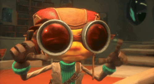 a cartoon character is wearing goggles and a red hat