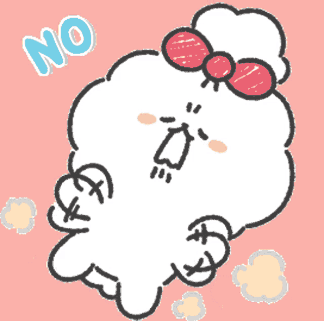 a cartoon drawing of a cloud with a bow on its head and the word no above it