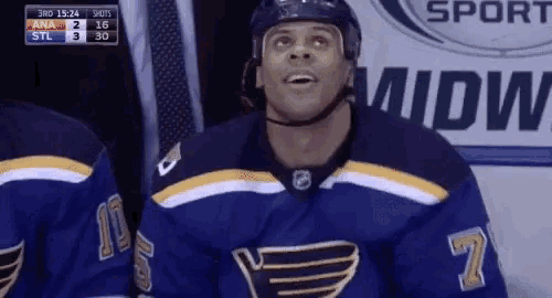 a hockey player with the number 7 on his jersey is looking up
