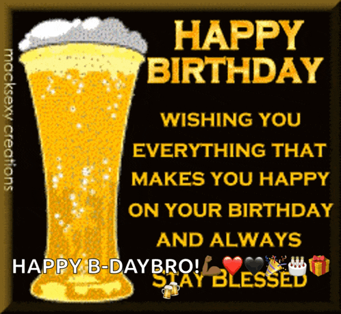 a happy birthday card with a glass of beer on it