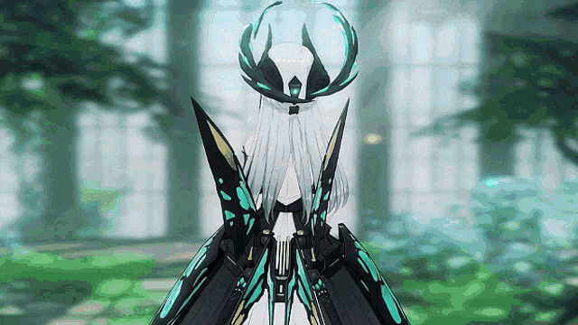a girl with long white hair and a crown on her head stands in a forest .