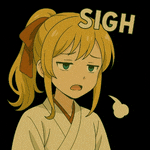 a cartoon girl with a ponytail and the word sigh on her head