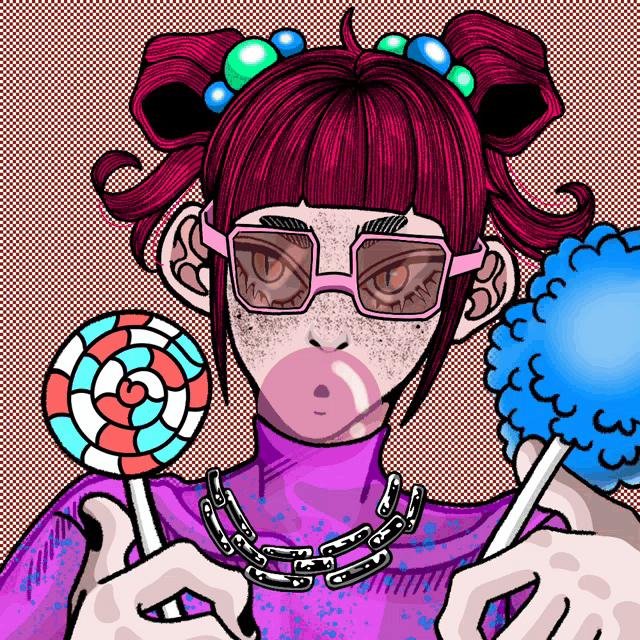a girl with red hair is holding a lollipop and cotton candy in her hands