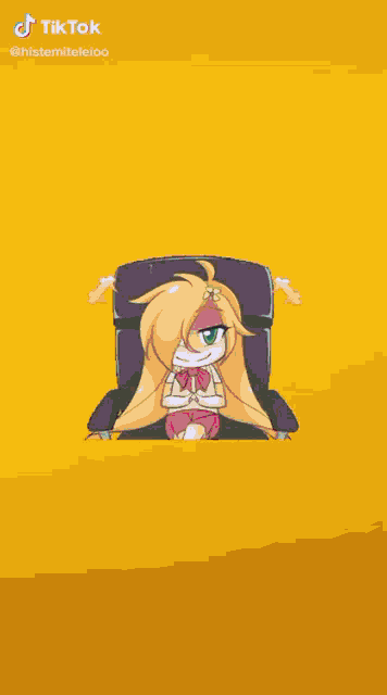 a girl with long blonde hair is sitting in a chair with her hands folded